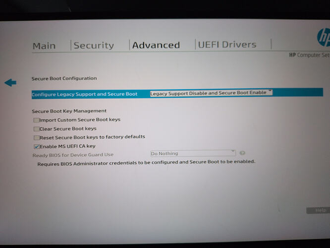 Default Secure Boot BIOS settings, showing Secure Boot as enabled