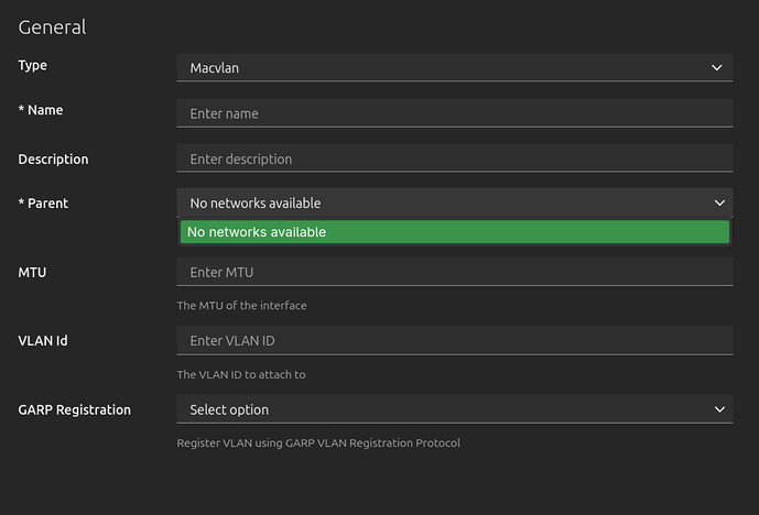Create network GUI in IncusOS for Macvlan, parent shows "No networks available"