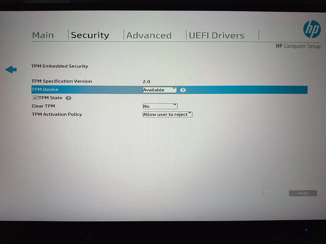Default TPM BIOS settings, showing a TPM 2.0 module set to enabled