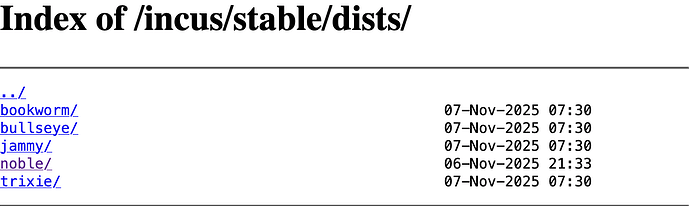 Screenshot of the directory of /incus/stable/dists/ showing all packages updated the 07 November except the noble one